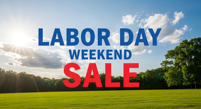 Labor Day weekend sale banner over a bright blue sky and green grassy field