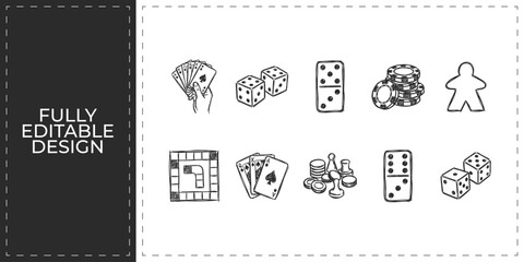 Casino gambling and tabletop board games hand drawn icons featuring cards dice dominoes and game board for entertainment and social club activity design © Ashik  Khan