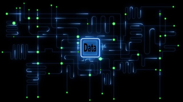 Futuristic glowing neon circuit board background with artificial data transfer, digital technology network, abstract high-tech schematic design, blue light lines and luminous connection points 4k