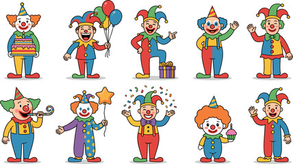 Naklejka premium Cute Cartoon Circus Clown and Jester Character Set with Birthday Party Elements Like Balloons, Cake, and Confetti for Kids Celebration Designs