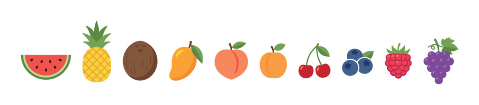 Various fruits including watermelon, pineapple, coconut, mango, peach, apricot, cherries, blueberries, raspberries, and grapes are arranged in a colorful, flat design illustration.