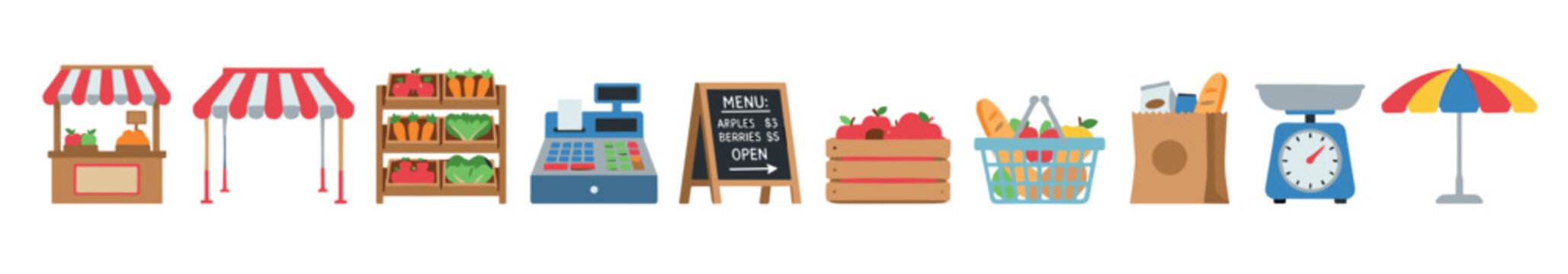 Various market elements, fresh produce, and shopping items are depicted in a colorful flat design illustration representing a local grocery or farmers market.