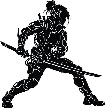 Cyberpunk female samurai warrior stencil silhouette holding katana sword futuristic sci fi character illustration