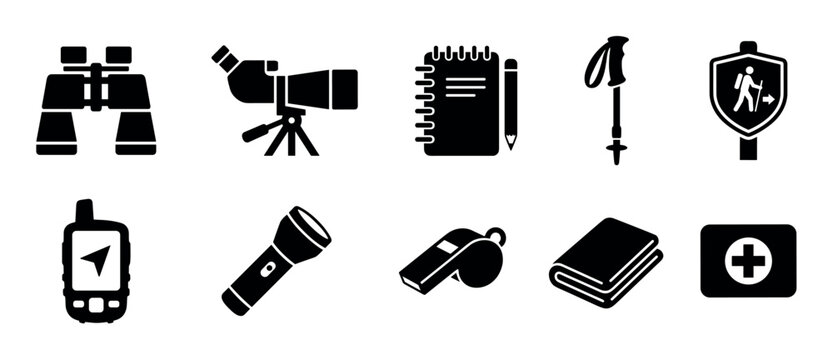 Outdoor adventure hiking camping equipment icons set illustrates various items needed for wilderness exploration, navigation, observation, and safety during outdoor activities.