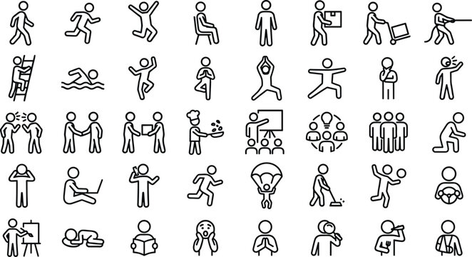 Set of human activities and daily life stick figure icons including walking running jumping working exercising cooking and thinking in simple black line art style for projects