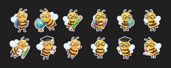 Set of cute cartoon bee characters performing educational and school tasks white background and color black with education character learning calculating white background and color black © Star_Pixels11