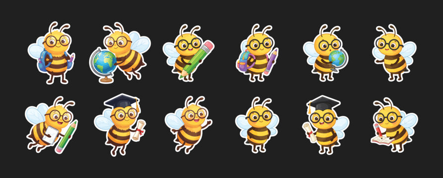 Set of cute cartoon bee characters performing educational and school tasks white background and color black with education character learning calculating white background and color black