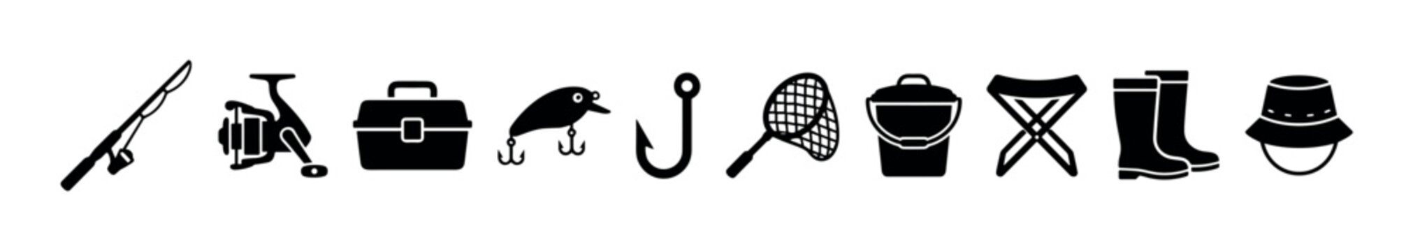 Fishing gear and accessories collection featuring various essential items for angling and outdoor recreation, presented as black silhouette icons.
