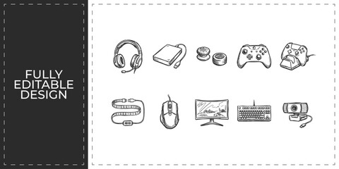 Gaming pc and tech hardware peripherals hand drawn icons featuring headphones mouse keyboard and monitor for professional gamer and office workspace design © Ashik  Khan