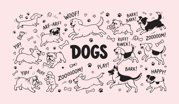 Doodle style hand drawn dogs collection with sound effects and paw prints white background and color black handdrawn illustration collection domestic white background and color black