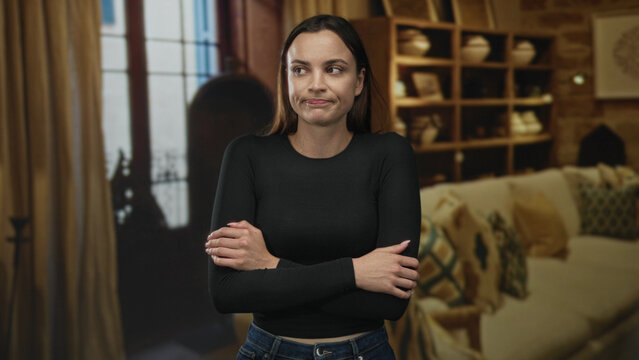 Woman with arms crossed, pursed lips, standing in a living room inside a building; annoyance rejection.