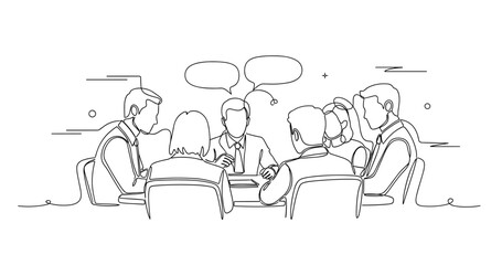 Fototapeta na wymiar Business meeting illustration with diverse team engaged in discussion at conference table. None editable stroke