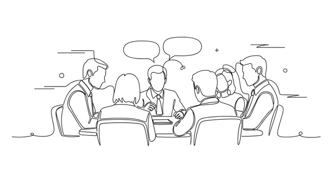 Business meeting illustration with diverse team engaged in discussion at conference table. None editable stroke