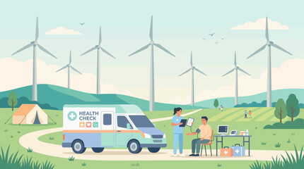 Mobile medical clinic van parked in wind turbine field. © arkan