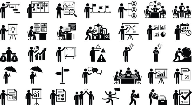 Set of black business icons showing people working in office with charts graphs meetings strategy planning presentation data analysis and management tasks for professional projects