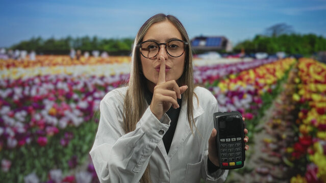 Woman in white coat holding a payment terminal and finger to lips for silence in studio floral backdrop; silence.