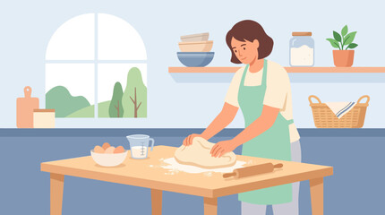 Woman kneading dough on wooden table in home kitchen. © arkan