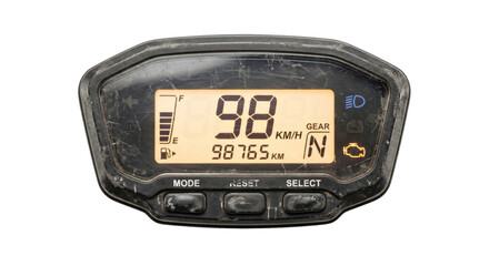 Digital motorcycle dashboard showing speed, gear, and fuel level © Sapphire
