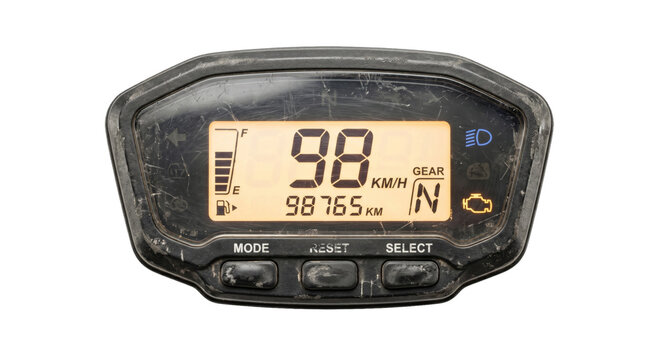 Digital motorcycle dashboard showing speed, gear, and fuel level
