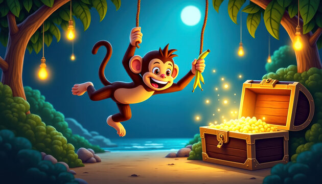Cartoon monkey swinging on a rope holding a banana near a treasure chest filled with gold coins under a moonlit sky surrounded by lush trees