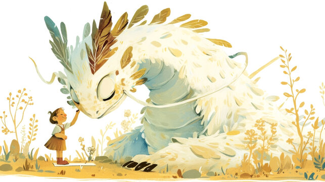 Young girl interacts with a large, friendly white dragon creature adorned with leaves in a whimsical outdoor setting filled with flowers and greenery
