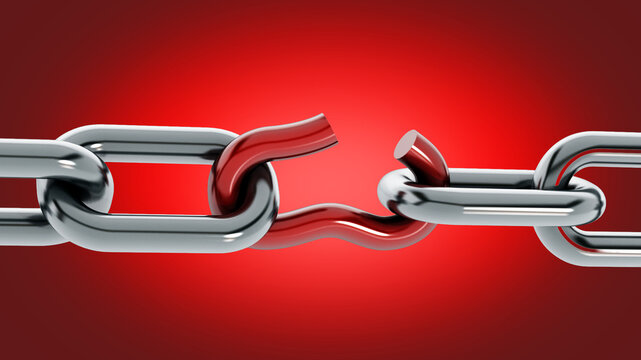 Chain with broken red part isolated on red background. 3D illustration