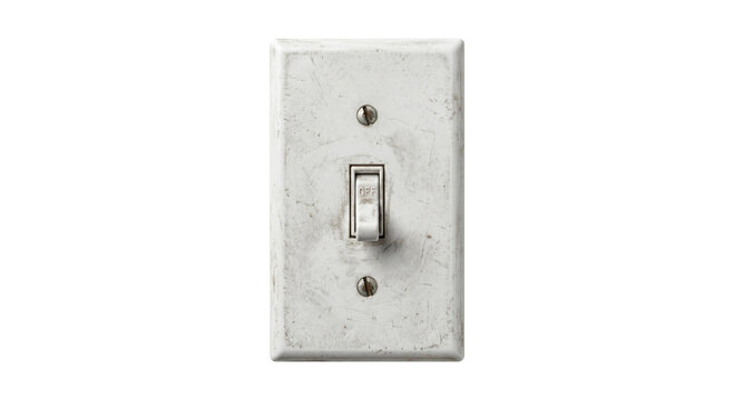 Old, dirty white toggle light switch in the off position, isolated on white