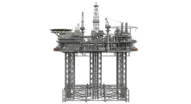 Massive offshore oil drilling platform with complex industrial structure and legs