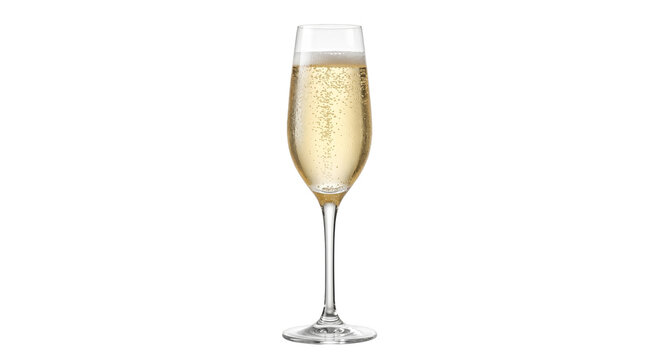 A flute glass filled with sparkling champagne with tiny bubbles rising