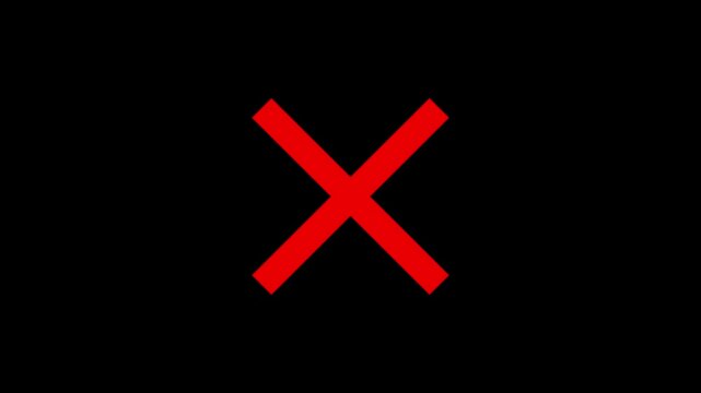Animated red X cross error icon on a black background with a seamless loop. Perfect for UI design, error messages, cancel actions, warning screens, and technology motion graphics.