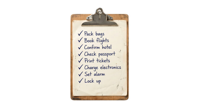 Travel preparation checklist on a clipboard with tasks ticked off