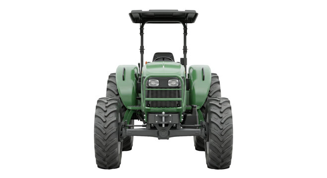 Green agricultural tractor front view with large tires and protective roll cage