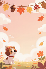 Fototapeta premium A cartoon dog wearing a hat sits on grass, surrounded by autumn leaves and flowers, with a whimsical background of clouds and a pink sky.
