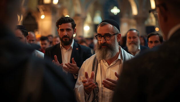 Rabbi wearing a skullcap gestures while speaking to a group of men inside a dimly lit synagogue.