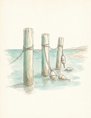 Fototapeta premium Wooden posts and buoys marking a serene seaside location
