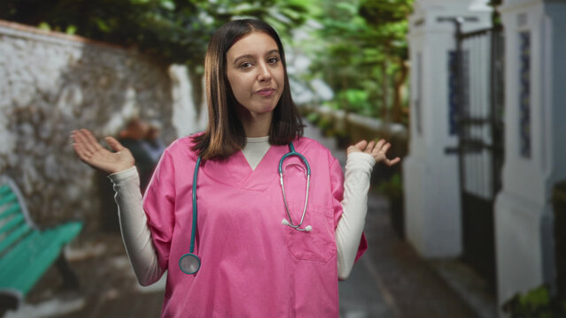 Young hispanic woman nurse in pink scrubs with stethoscope shrugging hands open on narrow stone street; care support uncertainty.