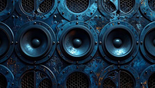 Close-up of metallic, distressed speakers mounted in a textured wall, with visible rivets