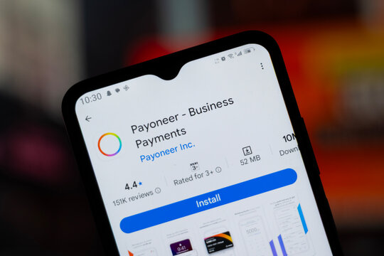 Dhaka, Bangladesh - 29 April, 2026: Payoneer app page on Google Play Store on a smartphone screen.
