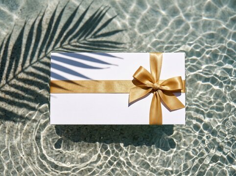 Mockup de vale-presente em branco com la&ccedil;o dourado na &aacute;gua. Modelo de certificado de spa ou convite com sombra de palmeira