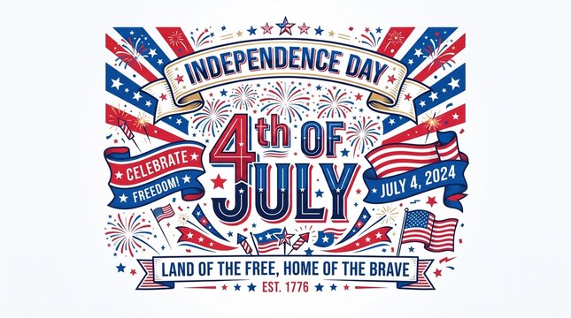 Independence Day graphic with fireworks, flag, eagle, and Liberty, colorful composition highlighting patriotism, unity, and celebration.