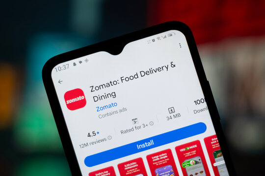 Dhaka, Bangladesh - 29 April, 2026: Zomato app page on Google Play Store on a smartphone screen.