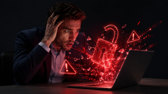 Stressed business person experiencing a cyber attack and data breach with glowing red hologram