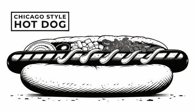 Very beautiful black and white realistic vector illustration of a Chicago Style Hot Dog featuring a bold label reading "CHICAGO STYLE HOT DOG", grilled sausage with traditional toppings, detailed engr
