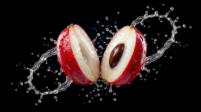 Juicy red apple halves splash into water with droplets flying everywhere