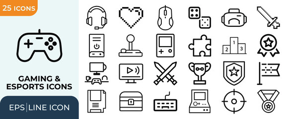 Gaming and esports line icons pack including controllers hardware competitive trophies and symbols. © ShibPada