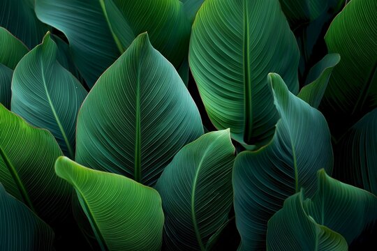 Lush green tropical leaves in a dense foliage arrangement capturing the essence of nature's vibrant beauty and rich textures