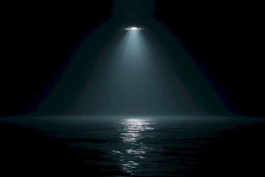 Enigmatic beam of light piercing through the depths of tranquil waters creating a serene and captivating underwater scene