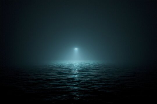 Mysterious ocean scene a soft light illuminates the dark waters in a foggy atmosphere creating an enigmatic and serene environment