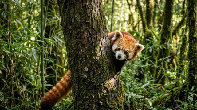 Curious red panda peeking from a mossy tree trunk amidst lush green forest foliage