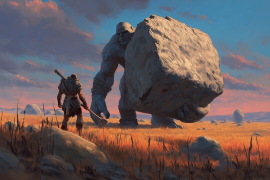 A fearless hero faces off against a massive stone beast in a breathtaking fantasy setting illuminated by the warm glow of sunset